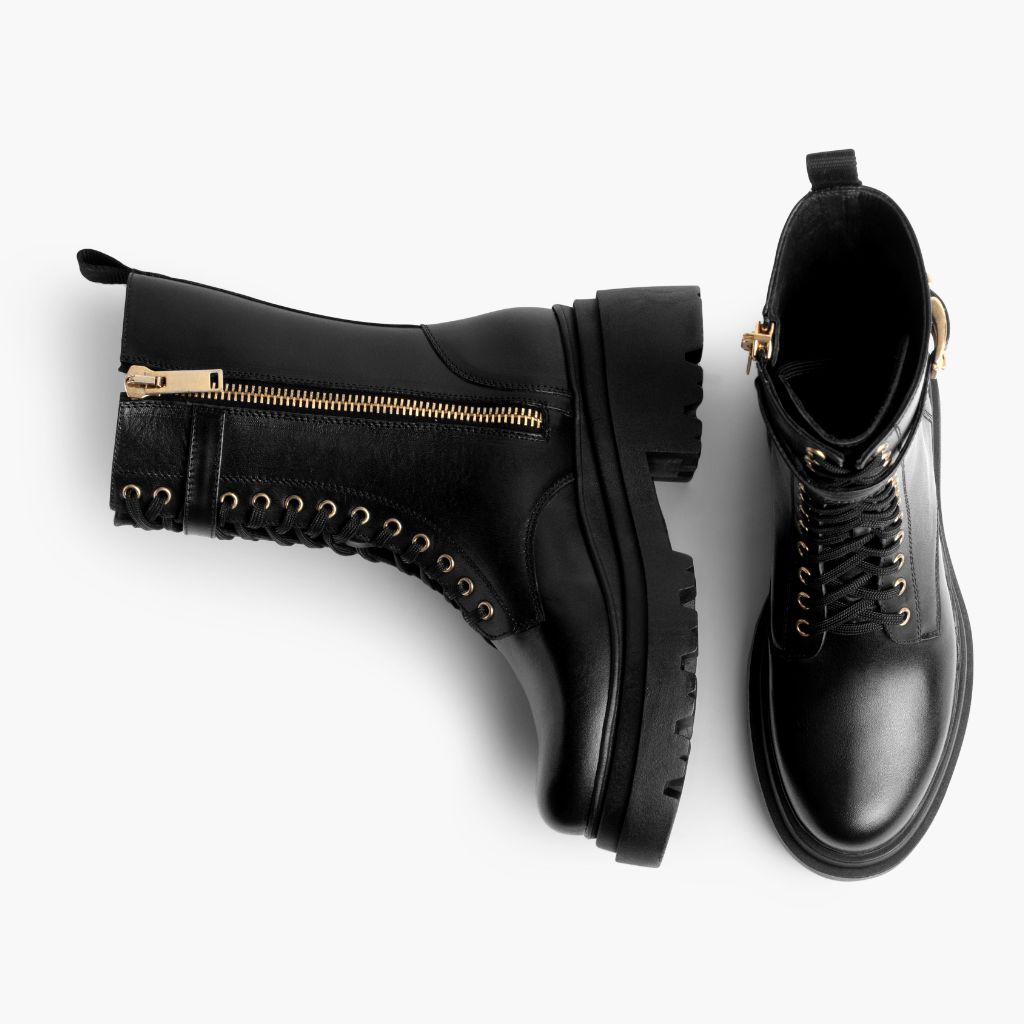 High-Traction Rubber Outsole & Lug Tread Pattern on Fatale Черный & Gold Кожаные ботинки для Женщин
