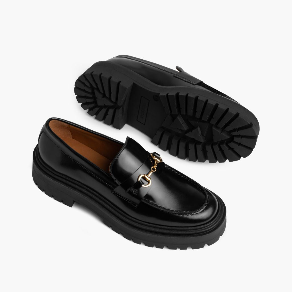 High-Traction Rubber Outsole & Lug Tread Pattern on Penny Platform Черный & Gold Кожаные лоферы для Женщин