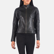 
Black Sheepskin Leather Biker Jacket - Вид сзади, подчеркивающий посадку по плечам и ровный край