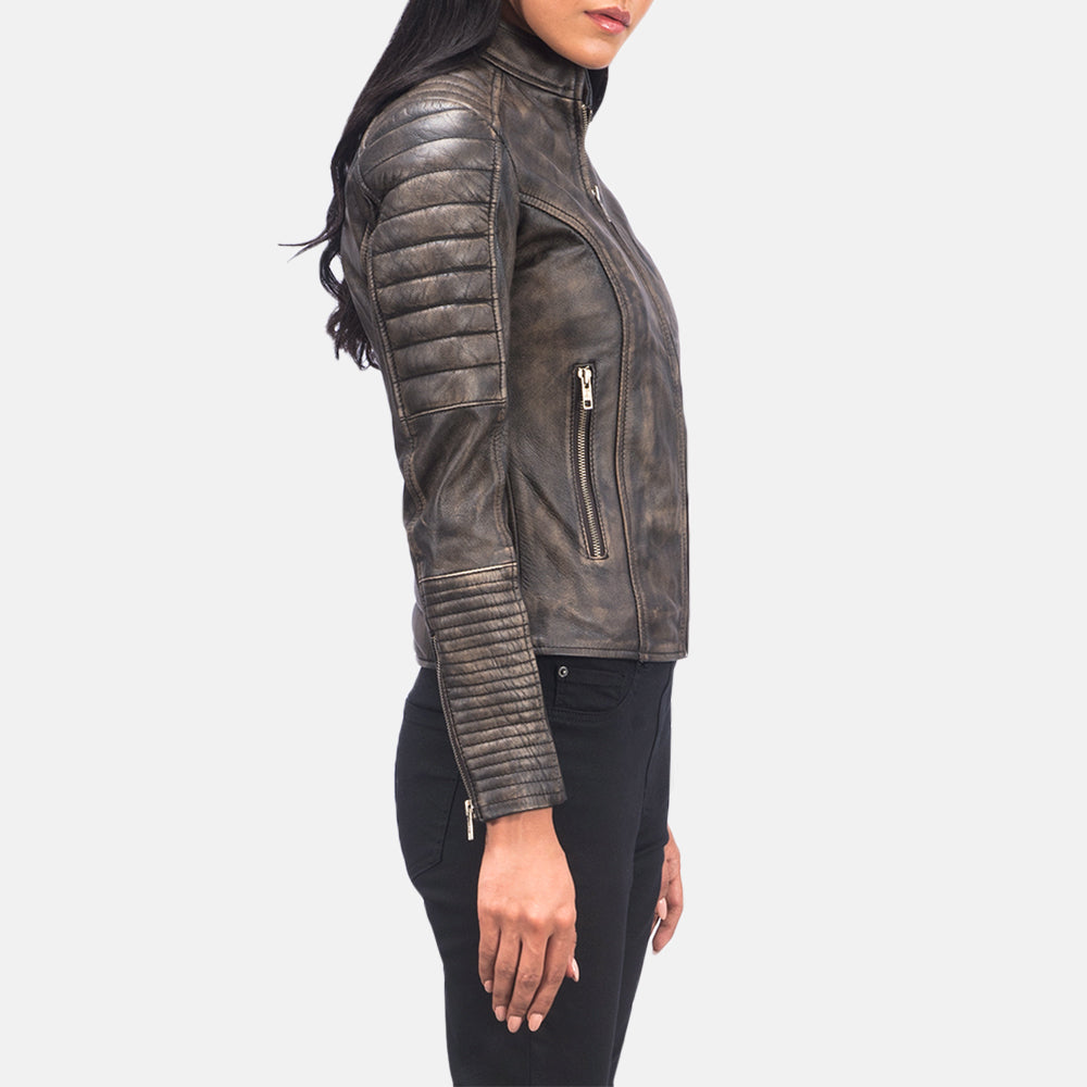 
Distressed Brown Goatskin Leather Biker Jacket - Вид сзади, подчеркивающий посадку по плечам и ровный край