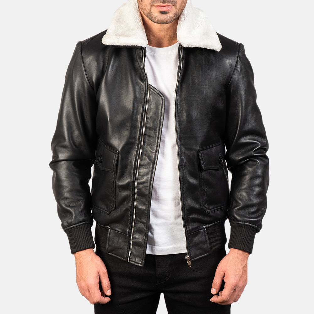 
Airin G-1 Black & White Leather Bomber Jacket in Black Sheepskin Leather - Вид спереди и приталенный силуэт | Купить в официальном онлайн-магазине