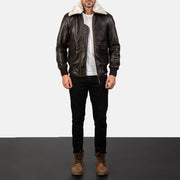 Men's Airin G-1 Brown Leather Bomber Jacket - Lateral Side Profile View Showing Sleeve Cut &amp; Athletic Taper Fit