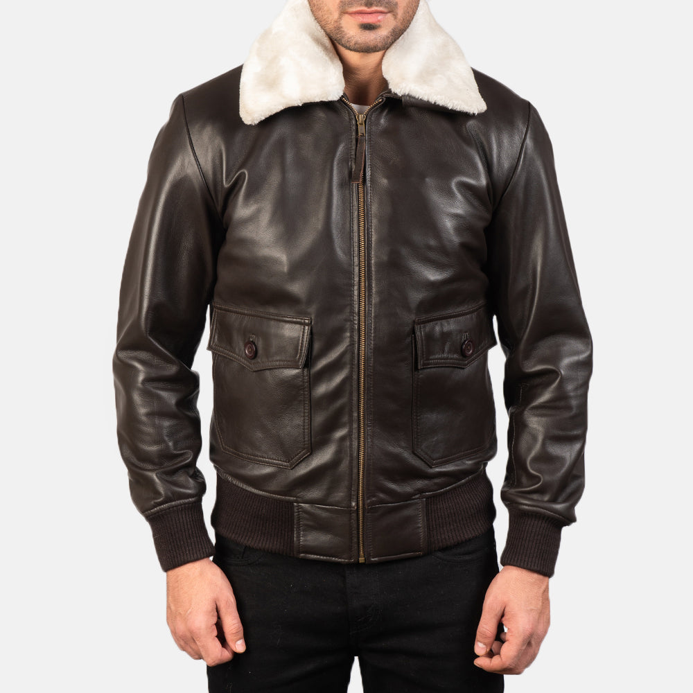 Close-Up Detail of Shirt with Removable Fur &amp; Zipper Hardware on Men's Airin G-1 Brown Leather Bomber Jacket