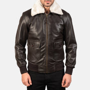 Close-Up Detail of Shirt with Removable Fur &amp; Zipper Hardware on Men's Airin G-1 Brown Leather Bomber Jacket