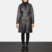 Women's Alexis Black Single Breasted Leather Coat in Black Cowhide Leather - Front Profile View &amp; Tailored Silhouette | Buy Online