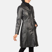 Close-Up Detail of Notch &amp; Buttons Hardware on Women's Alexis Black Single Breasted Leather Coat