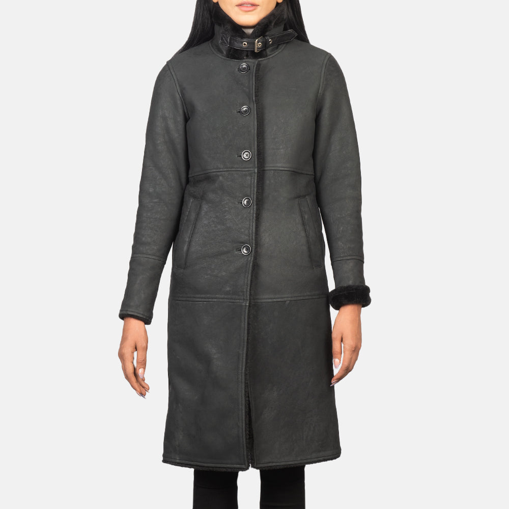 Close-Up Detail of Buckled Collar & Button Hardware on Women's Alina Shearling Black Leather Coat