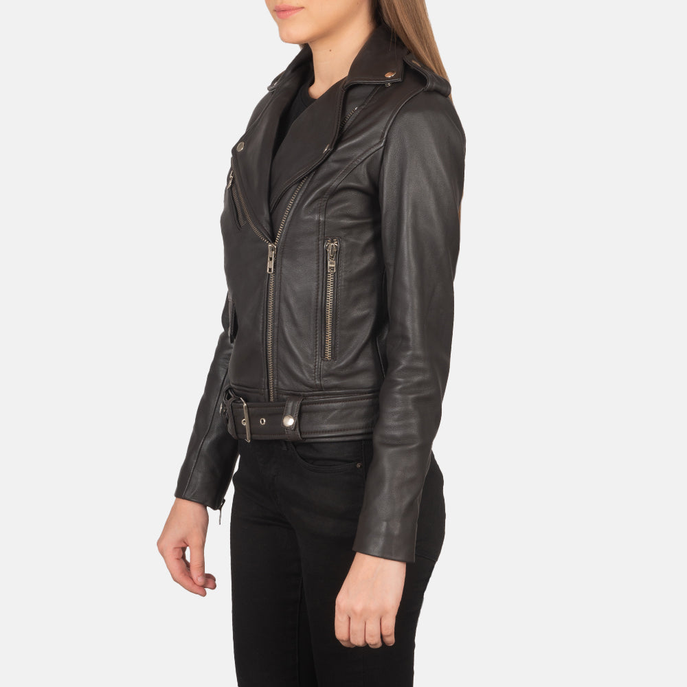 Brown Sheepskin Leather Biker Jacket - Back View Showing Tailored Shoulder Fit &amp; Clean Hemline