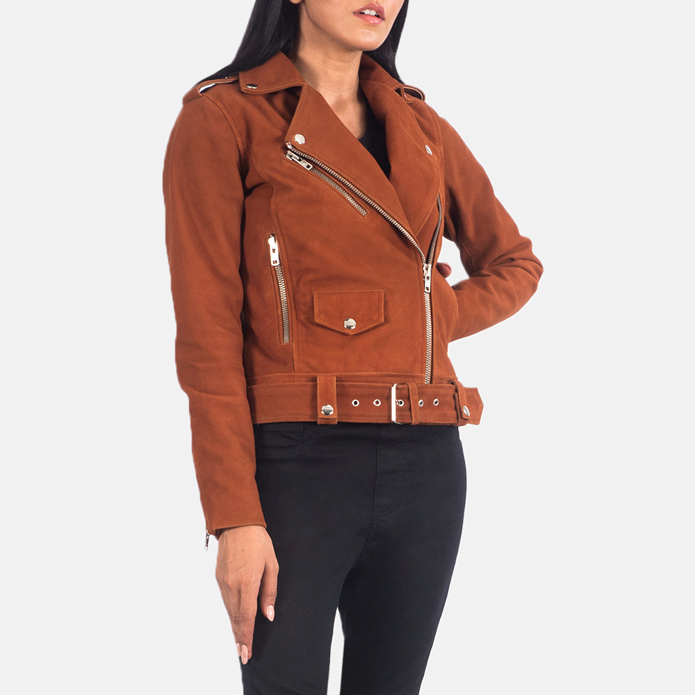 
Крупный план деталей of Notch & Zipper Hardware on Alison Коричневый Suede Кожаная куртка-косуха для Женщин