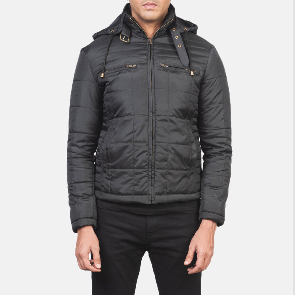 
Крупный план деталей of High neck with Belt & Zipper Hardware on Alps Quilted Black Windbreaker Jacket