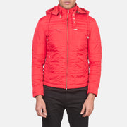 Крупный план деталей of High neck with Belt &amp; Zipper Hardware on Alps Quilted Red Windbreaker Jacket
