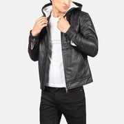 
Baston Black Hooded Leather Bomber Jacket in Black Sheepskin Leather - Вид спереди и приталенный силуэт | Купить в официальном онлайн-магазине