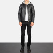 
Baston Black Hooded Leather Bomber Jacket - Вид сбоку, демонстрирующий эргономичный крой рукава