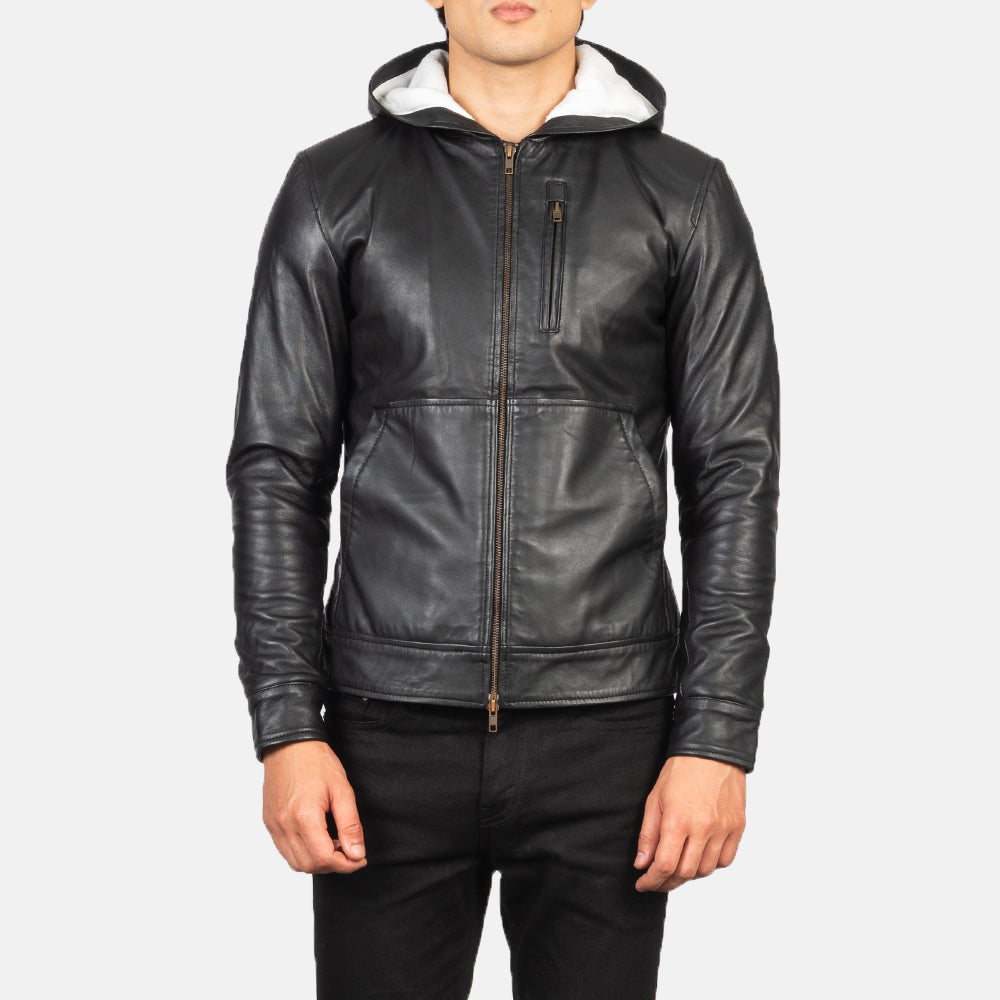 
Крупный план деталей of Hooded & Zipper Hardware on Baston Black Hooded Leather Bomber Jacket