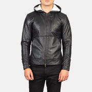 
Крупный план деталей of Hooded & Zipper Hardware on Baston Black Hooded Leather Bomber Jacket