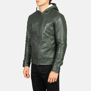 
Как выглядит на человеке:  Baston Black Hooded Leather Bomber Jacket на модели — естественные складки при дневном свете