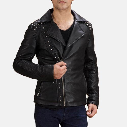 Men's Black Studded Leather Biker Jacket in Black Sheepskin Leather - Front Profile View & Tailored Silhouette | Buy Online