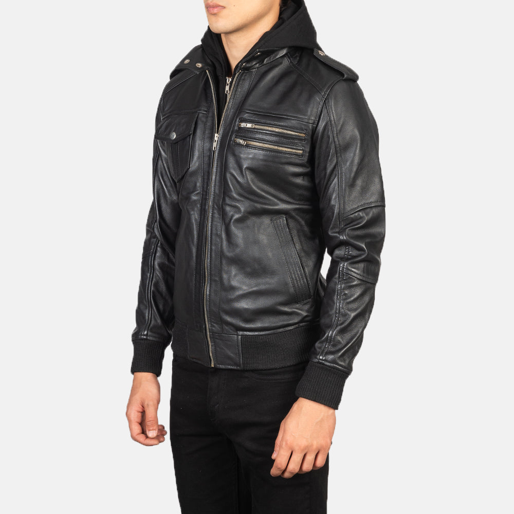 Black Sheepskin Leather Bomber Jacket - Back View Showing Tailored Shoulder Fit &amp; Clean Hemline