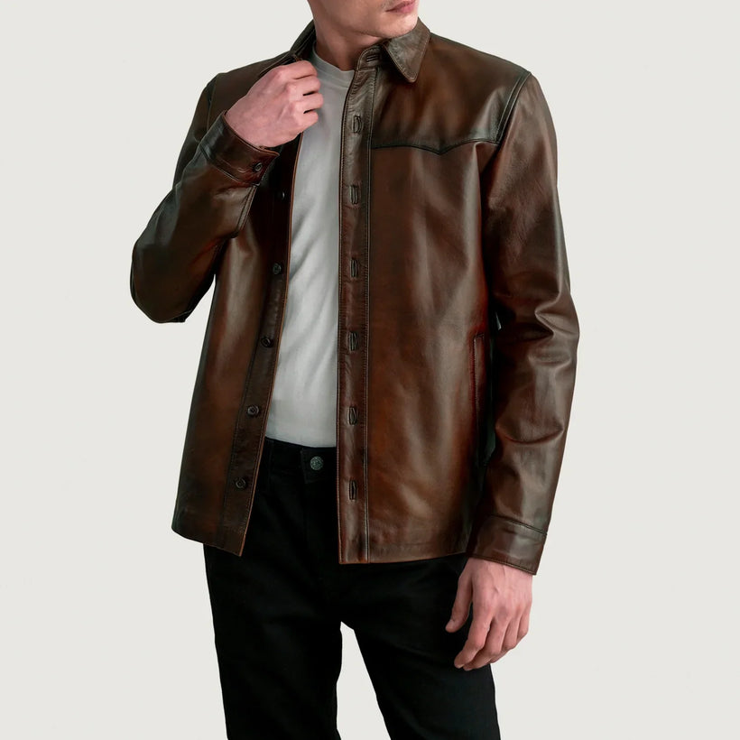 Bronco Distressed Коричневый Leather Shirt для Мужчин