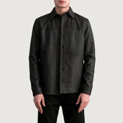 Bronco Tumbled Brown Leather Shirt in Tumbled Brown Sheepskin Leather - Front Profile View &amp; Tailored Silhouette | Buy Online