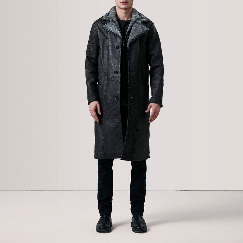 Cai Distressed Черная Leather Shearling Кожаное пальто мужская