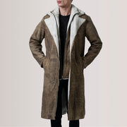 Cai Distressed Brown Leather Shearling Coat For Men in Distressed Brown Sheepskin Snuffed - Front Profile View &amp; Tailored Silhouette | Buy Online