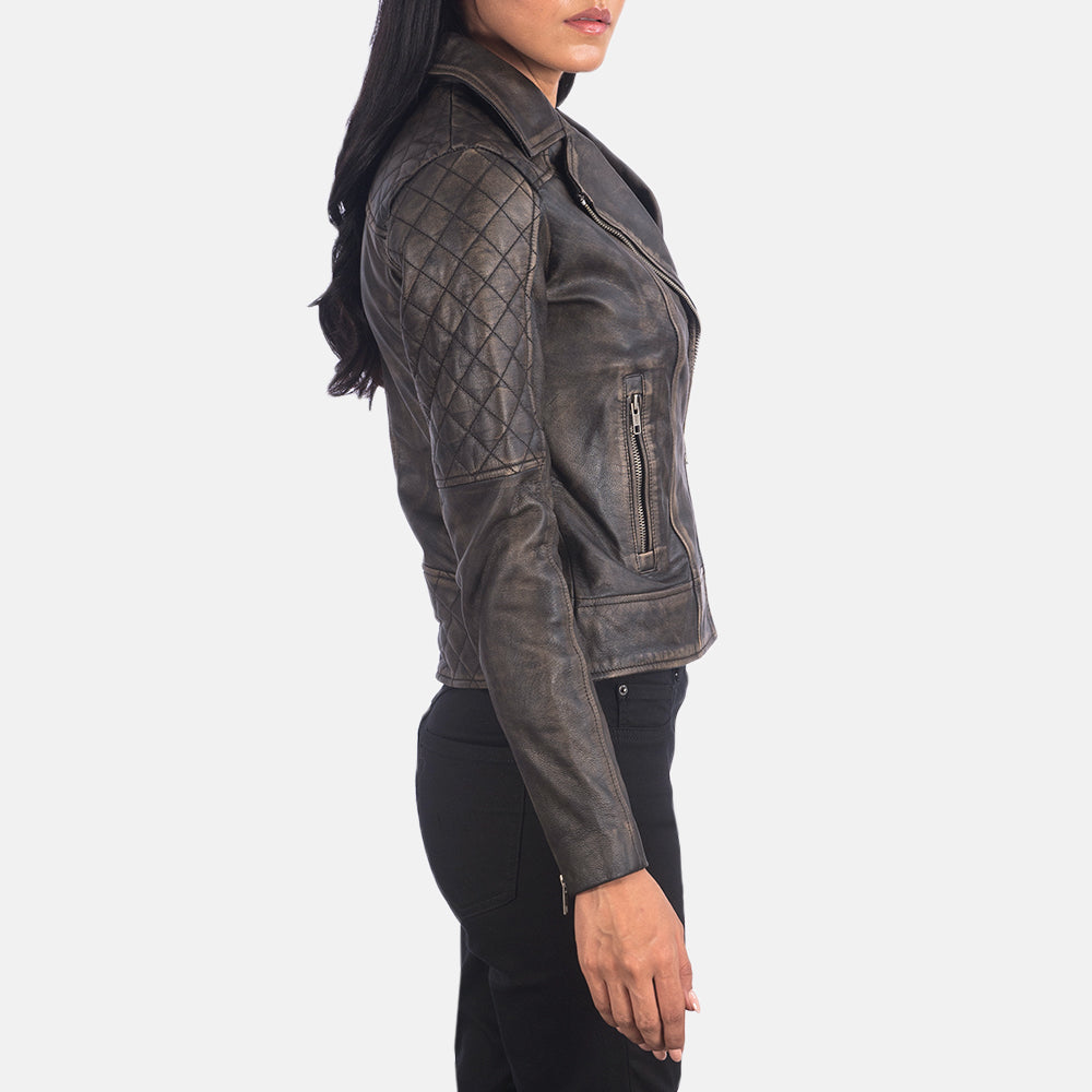 
Distressed Brown Goatskin Leather Biker Jacket - Вид сзади, подчеркивающий посадку по плечам и ровный край