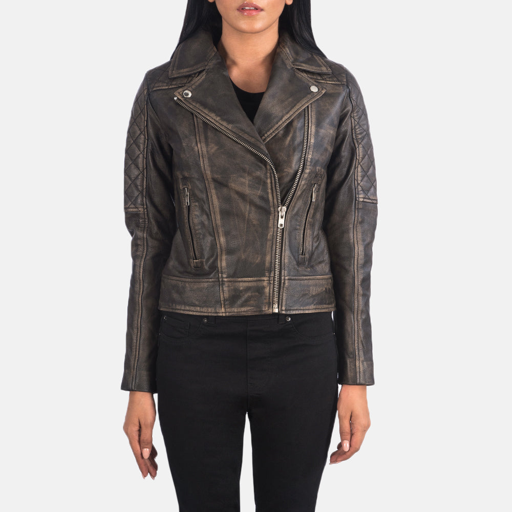 
Крупный план деталей of Notch & Zipper Hardware on Carolyn Quilted Distressed Brown Biker Jacket