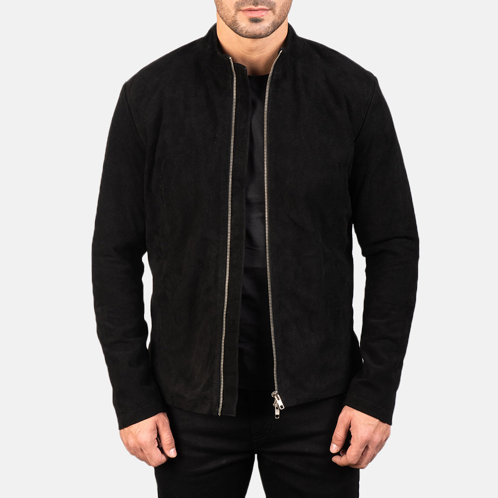 
Charcoal Черный Suede Кожаная куртка-косуха для Мужчин in Black Goatskin Suede - Вид спереди и приталенный силуэт | Купить в официальном онлайн-магазине