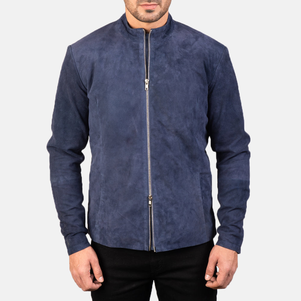 
Крупный план деталей of Mandarin & Zipper with Dual Puller Hardware on Charcoal Navy Синий Suede Кожаная куртка-косуха для Мужчин