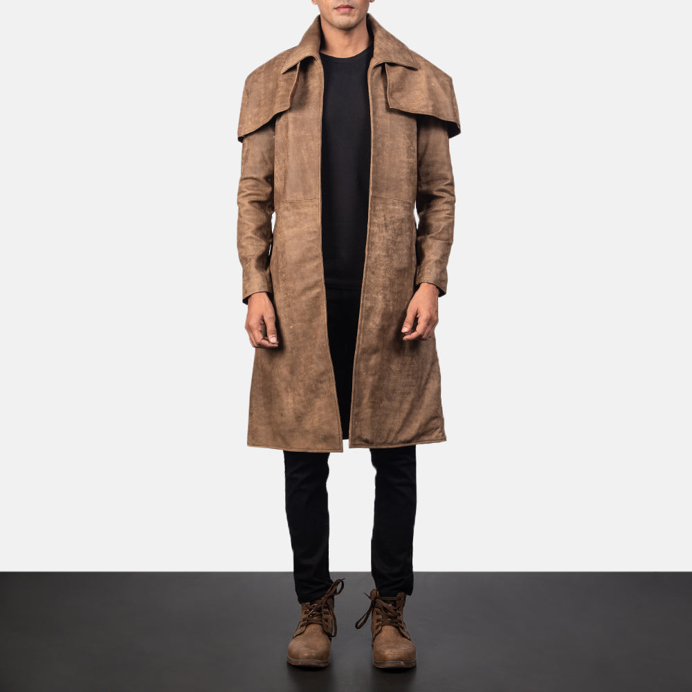 Classic Коричневая Leather Duster мужская in Distressed Brown Sheepskin Snuffed - Вид спереди и приталенный силуэт | Купить онлайн
