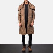Classic Коричневая Leather Duster мужская in Distressed Brown Sheepskin Snuffed - Вид спереди и приталенный силуэт | Купить онлайн