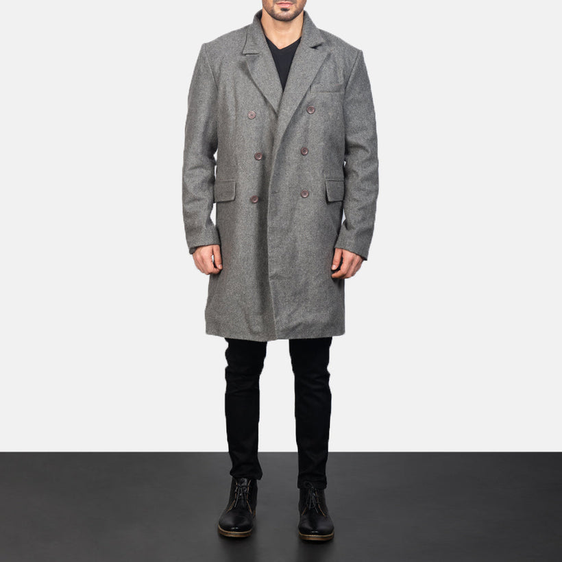 Claud Grey Wool Double-Breasted Кожаное пальто для Мужчин