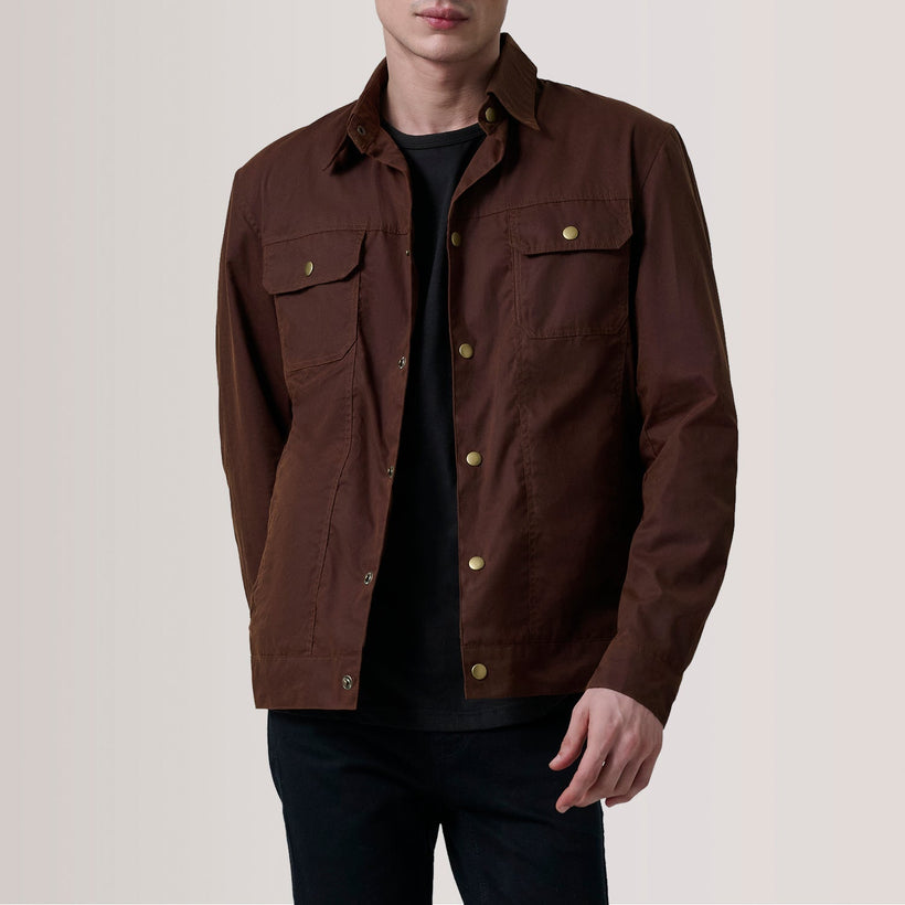 Colberto Brown Waxed Canvas Trucker Jacket For Men in Brown Waxed Cotton Canvas - Front Profile View & Tailored Silhouette | Buy Online
