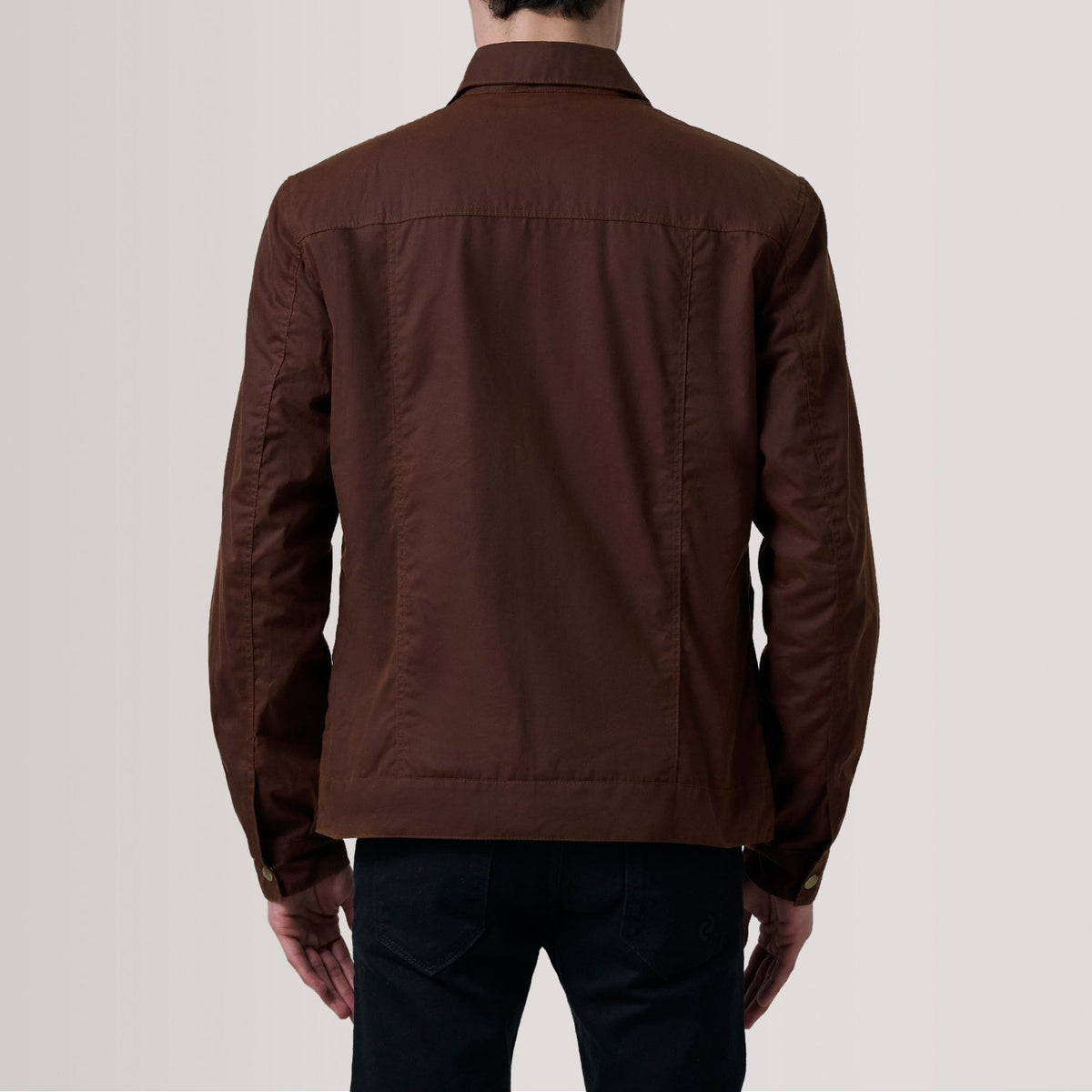 
Крупный план деталей of Classic Collar & Snap Button Hardware on Colberto Коричневый Waxed Canvas Trucker Кожаная куртка для Мужчин For Men