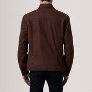 
Крупный план деталей of Classic Collar & Snap Button Hardware on Colberto Коричневый Waxed Canvas Trucker Кожаная куртка для Мужчин For Men