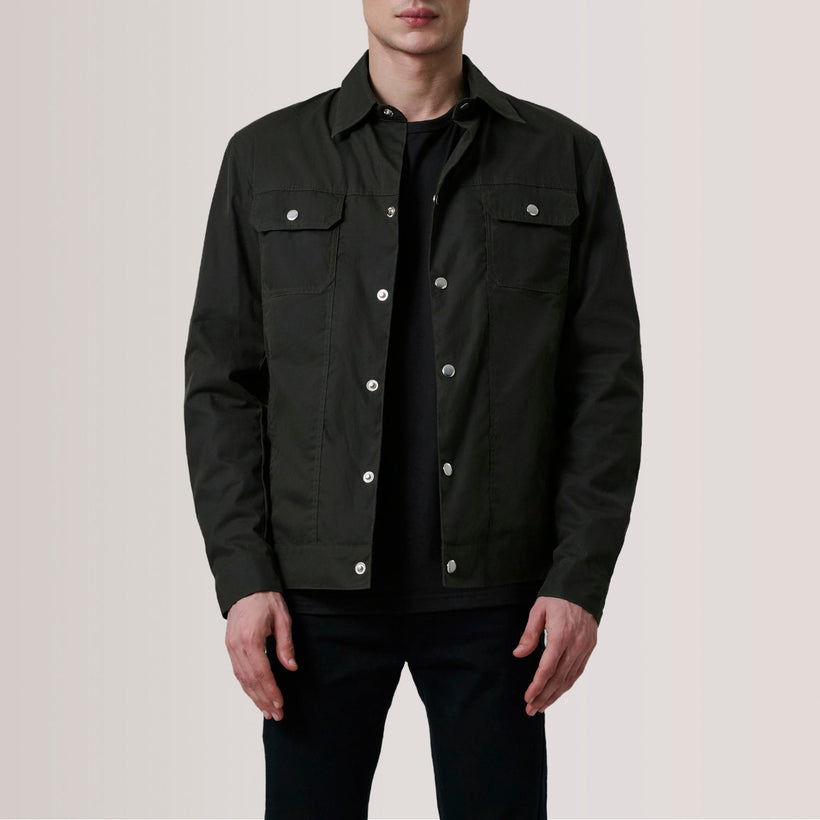 Colberto Olive Waxed Canvas Trucker Jacket For Men in Olive Waxed Cotton Canvas - Front Profile View & Tailored Silhouette | Buy Online
