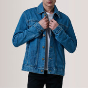 Conard Blue Denim Trucker Jacket For Men in Blue Full-Grain Leather - Front Profile View & Tailored Silhouette | Buy Online