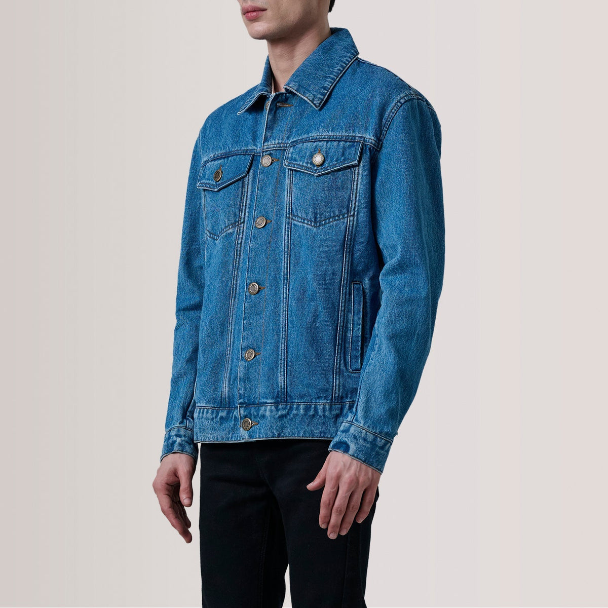 Conard Blue Denim Trucker Jacket For Men - Lateral Side Profile View Showing Sleeve Cut & Athletic Taper Fit