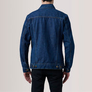
Крупный план деталей of Classic Collar & Heavy-Duty Zipper Hardware on Conard Dark Синий Denim Trucker Кожаная куртка для Мужчин For Men