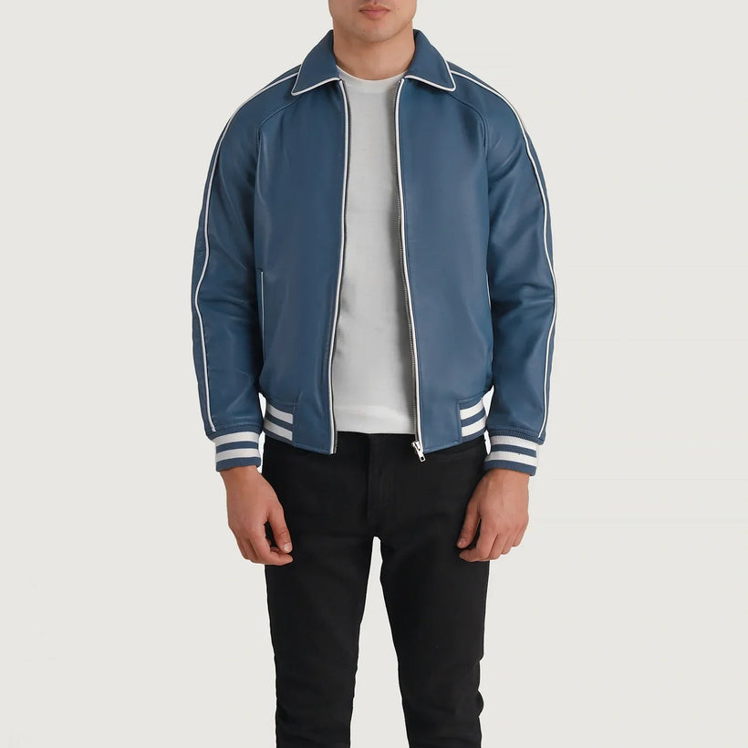 Cooper Синяя Leather Varsity Кожаная куртка мужская