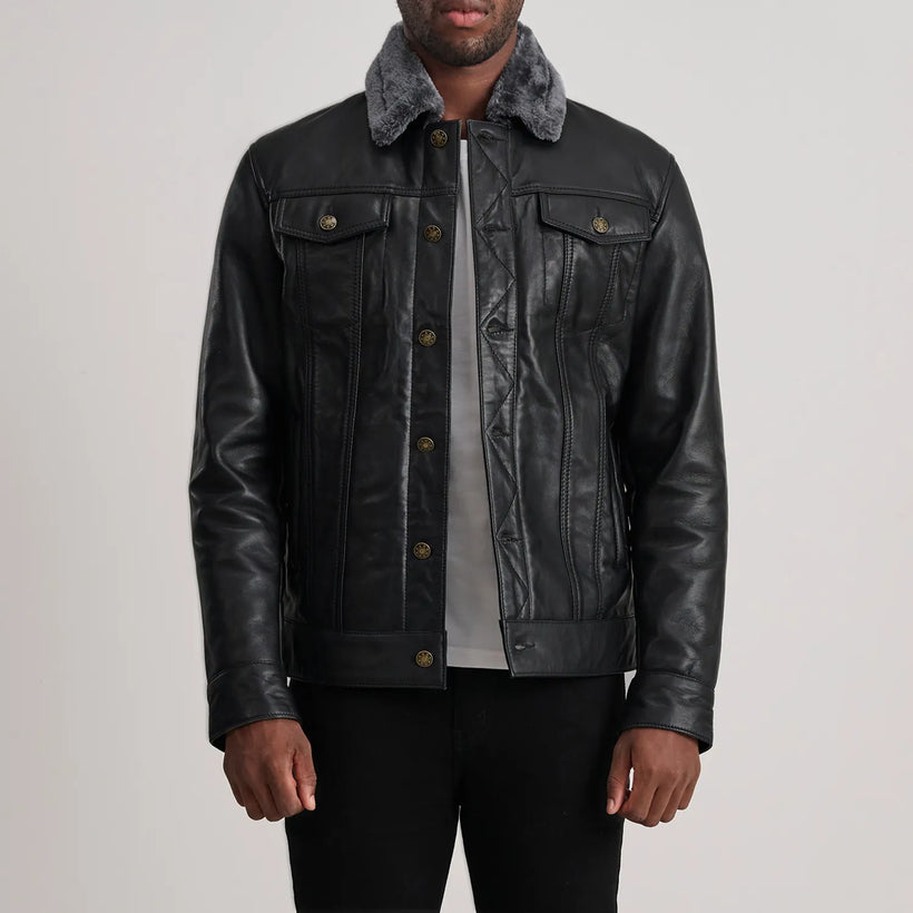 Dallis Черный Leather Shearling Trucker Кожаная куртка для Мужчин