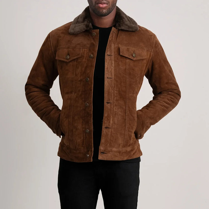Dallis Коричневый Suede Shearling Trucker Кожаная куртка для Мужчин