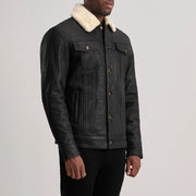 Distressed Black Sheepskin Snuffed Aviator Jacket - Back View Showing Tailored Shoulder Fit & Clean Hemline