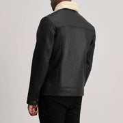 Close-Up Detail of Classic Collar & Button Hardware on Dallis Tumbled Black Shearling Trucker Jacket