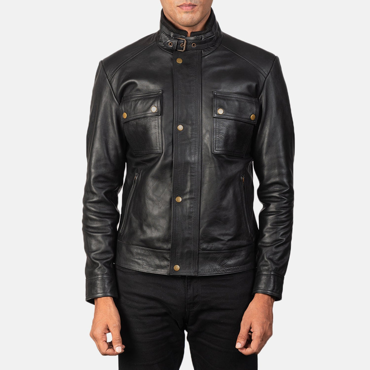 Men's Darren Black Leather Biker Jacket in Black 100% Full-Grain Leather - Front Profile View &amp; Tailored Silhouette | Buy Online