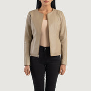 
Elixir Beige Collarless Leather Jacket in Beige Sheepskin Leather - Вид спереди и приталенный силуэт | Купить в официальном онлайн-магазине