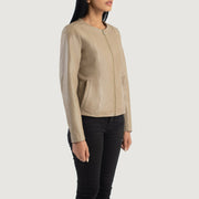 
Beige Sheepskin Leather Biker Jacket - Вид сзади, подчеркивающий посадку по плечам и ровный край