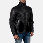 Close-Up Detail of High neck with Belt &amp; Zipper Hardware on Equilibrium Black Leather Jacket