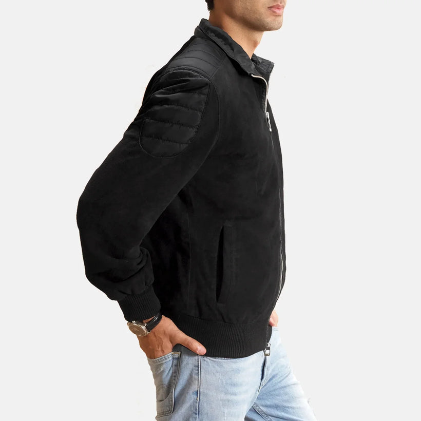 Black Goatskin Suede Bomber Jacket - Back View Showing Tailored Shoulder Fit & Clean Hemline